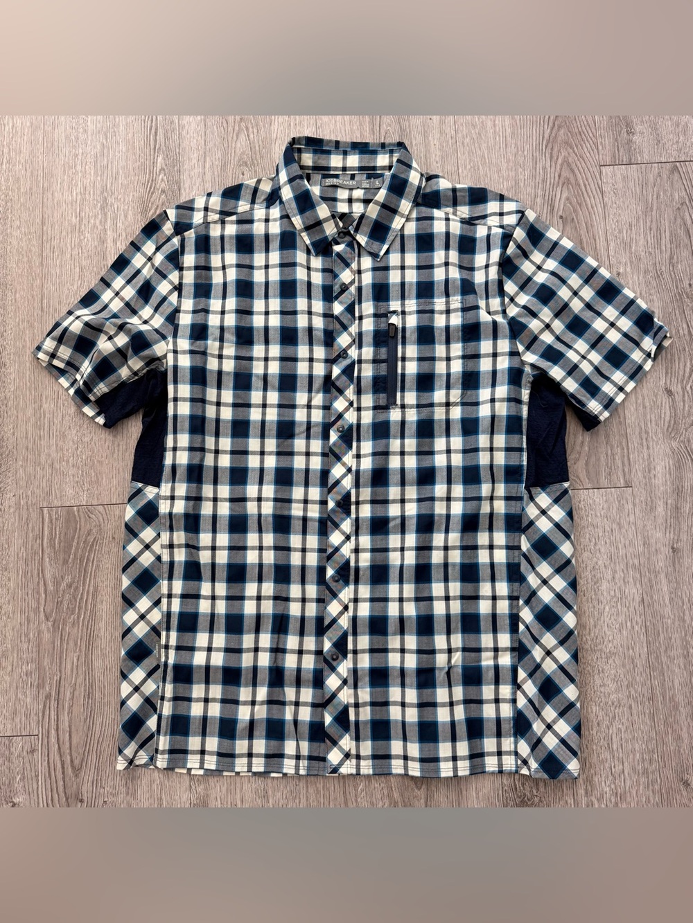 Icebreaker Mens Size L Blue White plaid Merino Wool Snap button Shirt